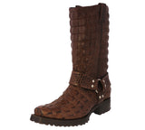 Mens Brown Motorcycle Boots Crocodile Back Print - Square Toe