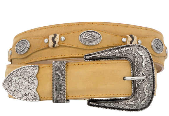 Buttercup Western Cowboy Leather Belt Navajo Concho - Silver Buckle