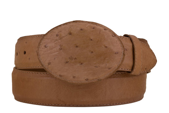 Light Brown Western Cowboy Belt Real Ostrich Skin Leather - Rodeo Buckle