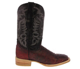 Mens Burgundy Ostrich Quill Print Leather Cowboy Boots - Square Toe