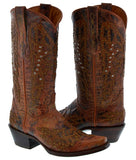 Womens Angels Cognac Leather Cowboy Boots Studded - Snip Toe