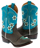 Girls Kids Baby Blue & Dark Brown Floral Embroidered Cowgirl Boots Snip Toe