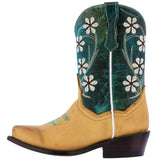 Kids Western Boots Flower Embroidered Leather Teal Buttercup Snip Toe Botas