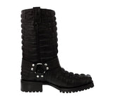 Mens Black Motorcycle Boots Crocodile Tail Print - Square Toe