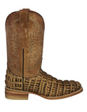 Mens Rustic Sand Alligator Tail Print Leather Cowboy Boots Square Toe