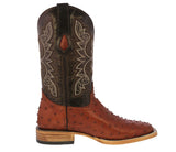 Mens Cognac Cowboy Boots Ostrich Quill Print Leather - Square Toe