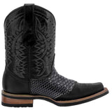 Mens Black Western Leather Cowboy Boots Snake Print - Square Toe