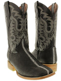 Mens Black Stingray Row Stone Print Leather Cowboy Boots Square Toe