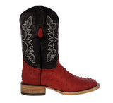 Mens Red Cowboy Boots Ostrich Quill Print Leather - Square Toe