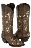 Womens Sofia Brown Leather Cowboy Boots Floral - Snip Toe