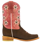 Kids FLR8 Pink Western Cowboy Boots Floral Leather - Square Toe