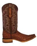 Mens Cognac Ostrich Quill Print Leather Cowboy Boots - Pointed Toe