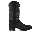 Mens Black Motorcycle Boots Crocodile Tail Print - Round Toe