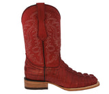 Mens Red Alligator Tail Print Leather Cowboy Boots Square Toe