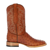 Mens Cognac Ostrich Quill Print Leather Cowboy Boots Square Toe