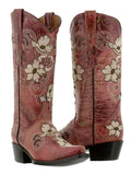 Womens Noruega Red Leather Cowboy Boots Floral - Snip Toe