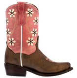 Kids FLR9 Pink Western Wear Cowboy Boots Floral Leather - Snip Toe