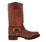 Mens Cognac Motorcycle Boots Crocodile Back Print - Square Toe