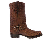 Mens Brown Motorcycle Boots Crocodile Back Print - Square Toe