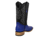 Mens Blue Cowboy Boots Ostrich Quill Print Leather - Square Toe