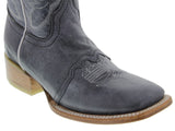 Women's Denim Blue Mid Calf Leather Pull On Cowboy Boots Square Toe - CP2