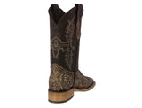 Mens Sand Cowboy Boots Floral Hand Toole Leather - Square Toe