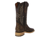 Mens Brown Cowboy Boots Floral Hand Toole Leather - Square Toe