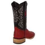 Mens Red Cowboy Boots Ostrich Quill Print Leather - Square Toe