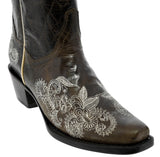 Womens Holly Dark Brown Cowboy Boots Floral Embroidered - Square Toe