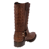 Mens Brown Motorcycle Boots Crocodile Back Print - Square Toe