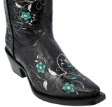Womens Sofia Black Leather Cowboy Boots Floral - Snip Toe