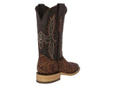 Mens Cognac Cowboy Boots Floral Hand Toole Leather - Square Toe