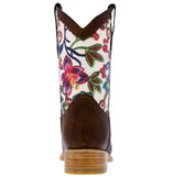 Kids Brown Western Cowboy Boots Flowers Leather Square Toe Vaquera