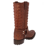 Mens Cognac Motorcycle Boots Crocodile Back Print - Square Toe