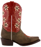 Kids Red & Brown Western Cowboy Boots Floral Leather - Snip Toe