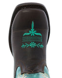 Kids Teal & Dark Brown Western Cowboy Boots Floral Leather - Square Toe