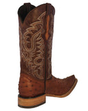 Mens Cognac Ostrich Quill Print Leather Cowboy Boots - Pointed Toe