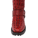 Mens Red Motorcycle Boots Crocodile Tail Print - Square Toe