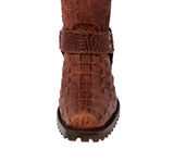 Mens Cognac Motorcycle Boots Crocodile Back Print - Square Toe