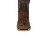 Mens Cognac Cowboy Boots Floral Hand Toole Leather - Square Toe