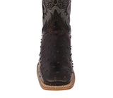 Mens Black Cherry Ostrich Quill Print Leather Cowboy Boots Square Toe