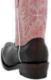 Girls Pink & Dark Brown Stitched Leather Cowgirl Boots - Snip Toe