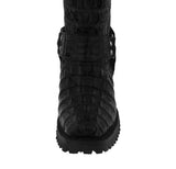 Mens Black Motorcycle Boots Crocodile Tail Print - Square Toe