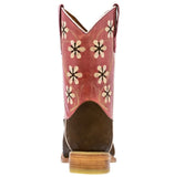 Kids FLR8 Pink Western Cowboy Boots Floral Leather - Square Toe