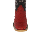 Mens Red Cowboy Boots Ostrich Quill Print Leather - Square Toe