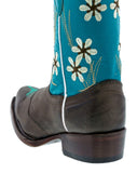 Girls Kids Baby Blue & Dark Brown Floral Embroidered Cowgirl Boots Snip Toe