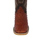 Mens Cognac Cowboy Boots Ostrich Quill Print Leather - Square Toe