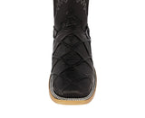 Mens Black Cowboy Boots Pirarucu Fish Print - Square Toe