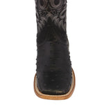 Mens Black Ostrich Quill Print Leather Cowboy Boots Square Toe