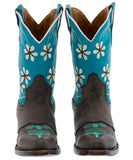 Girls Kids Baby Blue & Dark Brown Floral Embroidered Cowgirl Boots Snip Toe